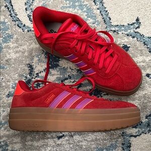 Adidas Red Sneakers with Purple Accents